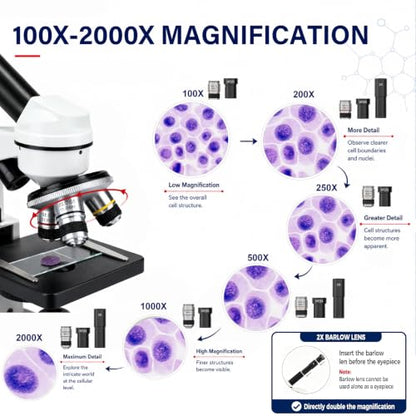 Microscope for Adults Students, 100X-2000X Metal STEM Microscope Kit