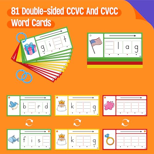 CVCC & CCVC Word Writing Cards, 81 Double-Sided Handwriting Cards 3-Level Words Spelling Flashcards Phonics Sight Words Early Educational Tool for Kids 3 4 5 Years Old (3 Plastic Rings Included) - style: CVCC & CCVC Word Writing Cards