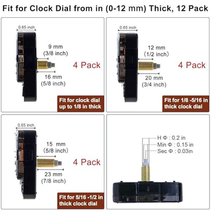 EMOON 12 PCS High Torque Clock Movement Mechanism Replacement Kit with 15 Pack Clock Hands for DIY Clock Repair Silent Clock Motor Parts, Total Shaft Length 16mm,20mm and 23mm