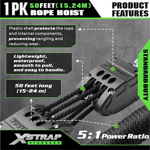 XSTRAP STANDARD 50FT Rope Hoist Pulley Block & Tackle 5:1 System, Black - color: 50 Ft+Black+2 Soft Loops
