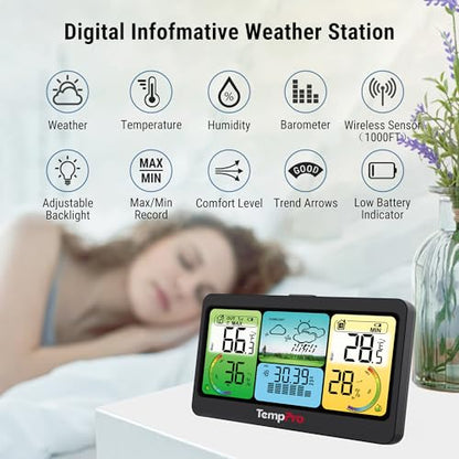 TempPro TempAir 1000FT Weather Stations Wireless Indoor Outdoor Thermometer - color: Black