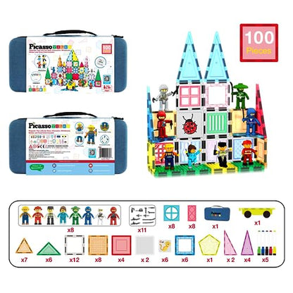 PicassoTiles 100PC Magnetic Tiles Construction Building with Carrying Case Included Block Set with Car, 8 Sets of Characters and Base Whiteboard Marker Playset Toy Kit for Boys & Girls Ages 3+ PB01 - color: 100pcs