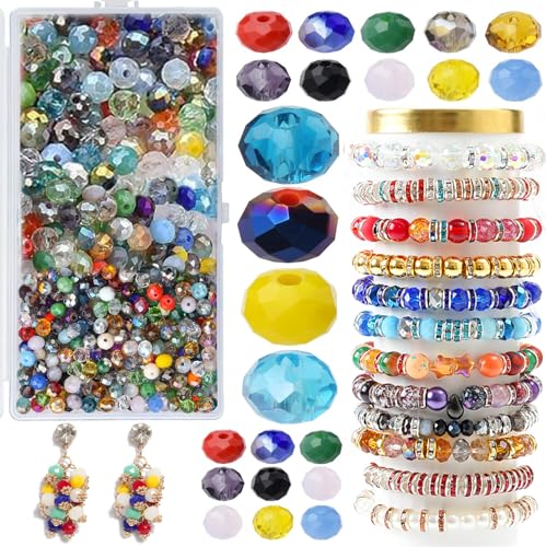 1000 Pcs Rondelle Faceted Glass Beads Crystal Glass Beads for Jewelry Making 4/6/8mm Faceted Briolette Rondelle Bead with Container for Earrings,Necklaces,DIY Beading Projects (Mix) - color: mix