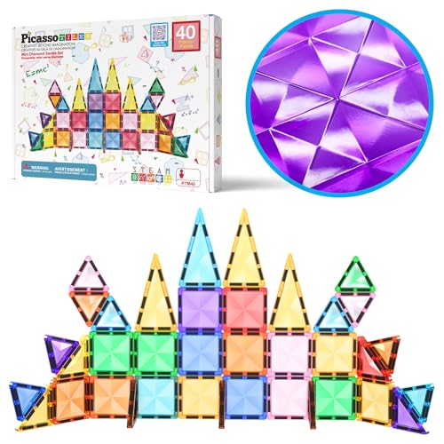 PicassoTiles Magnetic Tiles Building Blocks Mini Size Diamond Series Magnet Toys Travel Size On-The-Go Magnets Construction Sensory Toys Gifts Educational Set Toddlers STEM Learning Kit Playset PTM40 - color: Diamond-shaped Magnetic Tile Color, size: 6.63