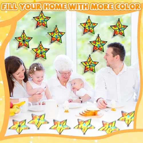 QOUBAI 32 Sets Stars Suncatchers Craft Back to School DIY Stained Glass Window Patriotic 4th of July Paper Craft Home School Classroom Decor Kid Birthday Gift Creative Art Activity Game - style: Star