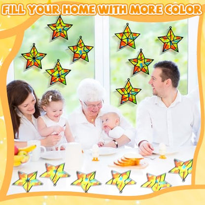 QOUBAI 32 Sets Stars Suncatchers Craft Back to School DIY Stained Glass Window Patriotic 4th of July Paper Craft Home School Classroom Decor Kid Birthday Gift Creative Art Activity Game - style: Star