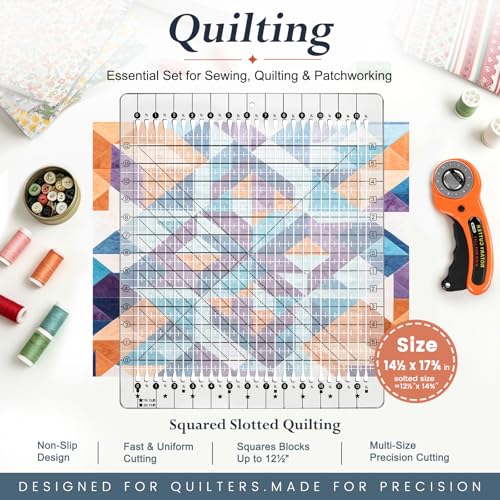 5-in-1 Quilting Ruler - 14.5" x 17.75" Slotted Quilting Ruler for Rotary Cutting, Precision Fabric Strip Guide & Quilting Square Ruler for Sewing Patchwork Quilts - size: 12-1/2in x 14-3/4in