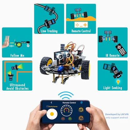 LAFVIN 2WD Smart Robot Car Kit V2 with Bluetooth, IR Remote, Obstacle Avoidance, Line Tracking, Light Seeking, Follow Object Functions, STEM Educational Robotics Kit with Tutorial - size: V2
