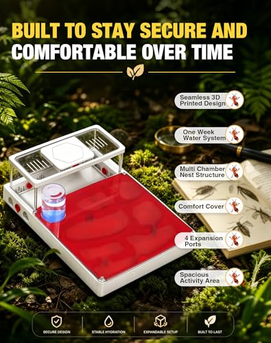 Ant Terrarium Kit, Ant Habitat with Large Viewing Window, 3D Printed Escape Resistant, Red Cover, Water Tower, 3 Expansion Ports and Spacious Foraging Area for Ant Keeping Beginners & Hobbyists