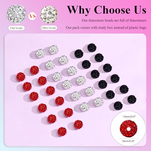 Dowarm 255PCS 10mm Rhinestone Beads for Baseball Rhinestone Necklace Bracelet Jewelry Making, Round Polymer Clay Beads for Crafts Beaded Pen, DIY Shamballa Pave Disco Diamond Bead, Black|Red|White - color: 08-Black | Red | White