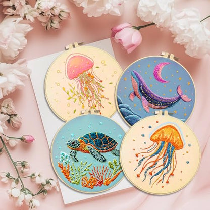 ACRNIGHEET 6PCS Embroidery Kit for Adults Beginners, Sea Animals Embroidery Starter Kit, Stamped Cross Stitch Kits for Crafts Lovers Gift Idea, Include Instructions 6 Stamped Embroidery Cloth 2 Hoop - style: Marine animal patterns -6pcs