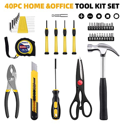 URASISTO 40-Piece Home Tool Kit with Easy Carrying Box, Small Basic Hand Tool Set Perfect for DIY Building, Home Maintenance and Woodworking, Great for College Students - color: Yellow