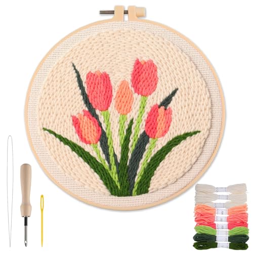 Punch Needle Kit Adults Beginner, Step-by-Step Guide & Video - color: Pink Tulip