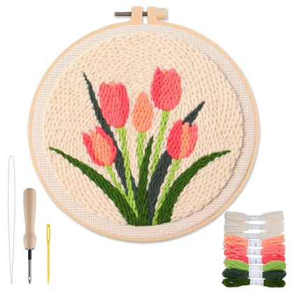 Punch Needle Kit Adults Beginner, Step-by-Step Guide & Video - color: Pink Tulip