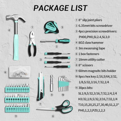 DEKOPRO 50 Piece General Household Hand Tool Kit with Plastic Toolbox Storage Case, All Purpose Home Tool Kit Includes Essential Tools for Office College Repairs - Turquoise - color: Turquoise-50pcs