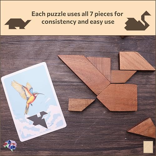 Enigma Grain Wooden Tangram Brain Puzzles for Adults | 7 Piece Challenging Wooden Brain Teasers Puzzle | 50+ Puzzles Inside | Great to Do with Others