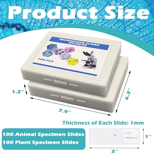 Prolee 200 Packs Microscope Slides, 100 Plants & 100 Animal Tissues Includes Labels and Case for Biological Science Education