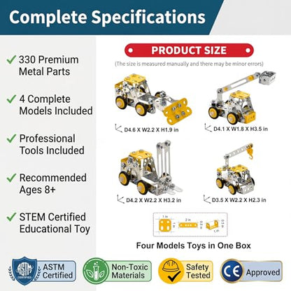 Erector Set for Boys Age 8-12,4 Mini Metal Model Set for Kids,330 PCS STEM Construction Toys,Engineering Building Set with Crane,Forklift,Bulldozer,Fire Truck-DIY STEM Educational Gift for Boys&Teens