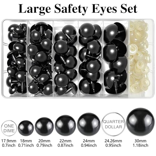 172pcs Large Black Safety Eyes for Amigurumi Crochet – 18-30mm Plastic Doll Eyes with Washers, Assorted Sizes for DIY Stuffed Animals, Teddy Bears, Plush Dolls, and Craft Making Supplies