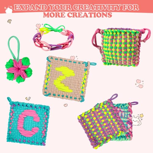 huoszpk Weaving Loom Kit-Includes 2 Pcs 7" Potholder Frame,400 Pcs Weaving Loom Loops,2 Long Crochet Hooks and Bag-Potholder Loom Knitting Kits and Gifts for Beginners, Make 11 Masterpieces