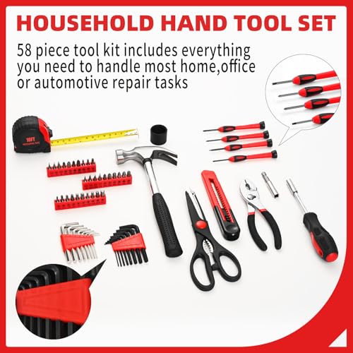 58-Piece Household Tool Set, Home Tool Kit with Storage Case, Red - color: Red, size: 58-Piece