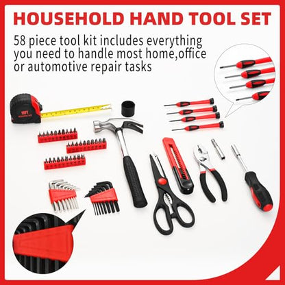 58-Piece Household Tool Set, Home Tool Kit with Storage Case, Red - color: Red, size: 58-Piece