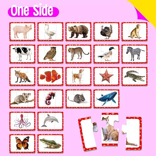 48 Animal Matching Puzzles with Error-Correction, 3-Piece Self-Correcting Puzzle Matching Game Educational Learning Activities for Toddlers, Animal-Themed Learning Games Toys for 3 Years Old - style: 24 Blocks Double Sided-C