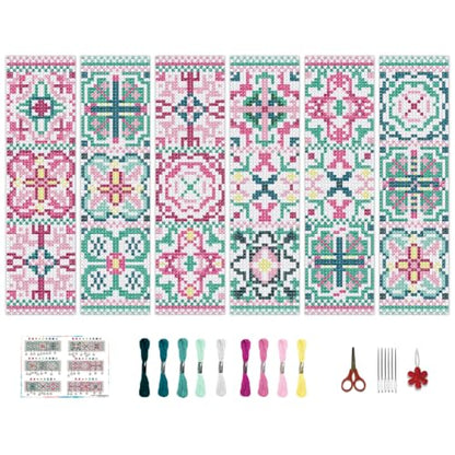 BEUNITONE Cross Stitch Bookmark Kits 6 Pcs Variegated Flowers DIY Bookmarks Cross Stitch Set for Adults Beginners Hand Embroidery Set Traditional Decorative Patterns Craft Kits for Gifts 8''x2.4'' - style: Ceramic Tile Pattern