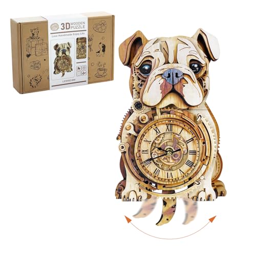 Kosmickiss 3D Puzzles for Adults, Wooden Bulldog Wall Clock Model Kits - color: Bulldog
