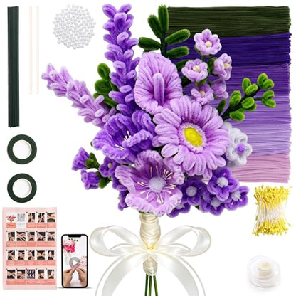 600 PCS Pipe Cleaners Craft Bulk, 6 Pastel Colors Pipe Cleaner Flower Kit, Chenille Stems with Floral Wires, Gardening Tape, Stamen&Ribbon, DIY Art and Craft Supplies(Purple) - color: 600PCS-Purple