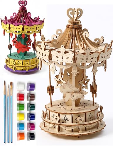 BOOZUU Paintable 3D Wooden Carousel Puzzle for Adults