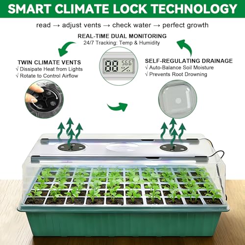 Seed Starter Tray with Grow Light,60-Cell Seedling Starter Kit with 4.07'' Humidity Dome,Plant Germination Trays for Indoor Seeds Starting,Magnetic Hygrometer & Locking Fasteners - color: 1 Pack 60cell Green
