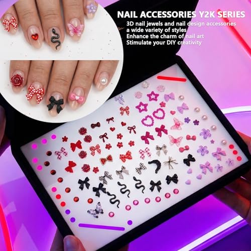 Nail Art Starter Kit with Metal Tweezers | 100Pcs Cute 3D Charms Like Bows, Butterflies, Chains & Stars | Gold & Silver Nail Rhinestones for Manicure, Junk Journaling