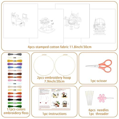 BEUNITONE 4 Set Embroidery Kit for Beginners, Daily Life of Cats Patterns Cross Stitch Kits, Needlepoint Kits for Adults with Hoop, Cute Hand Embroidery Patterns for Cloth and Home Decor - style: A-Cat-03