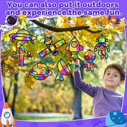 32 Sets Outer Space Suncatchers Craft Kit DIY Window Stained Glass Effect Planet Astronaut Alien Paper Crafts Home School Classroom Decoration Kid Birthday Gift Creative Art Project Activity Game - style: Outer Space