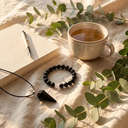 Black Obsidian Pendant & Bracelet Set - color: Black