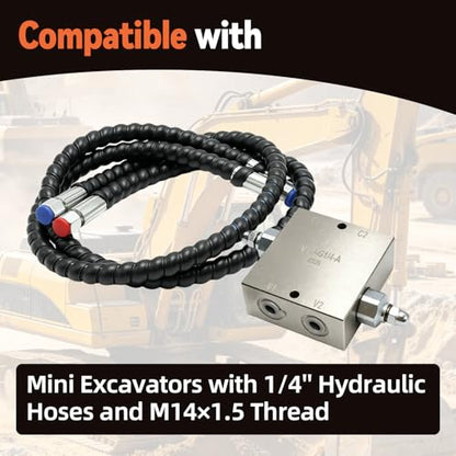 New Mini Excavator Swivel Motor Cushion Valve Kit Complete Hydraulic Assembly Fit for Mini Excavators with 1/4'' Hydraulic Hoses and M14×1.5 Thread, Straight Hole