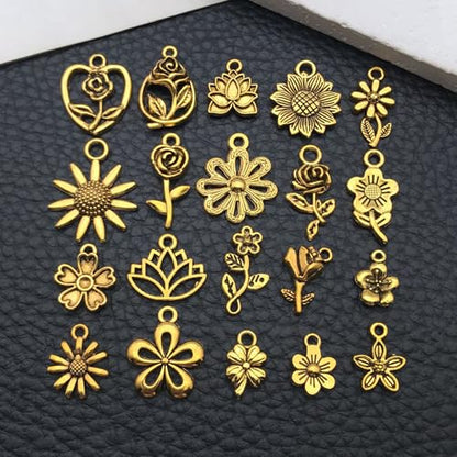 WOCRAFT 60pcs Antique Gold Flowers Bracelet Charms for Jewelry Making Sets DIY Necklace Bracelet Keychain Crafting Charms Kit Craft Supplies (SN876) - color: Antique Gold, size: Flowers Charms