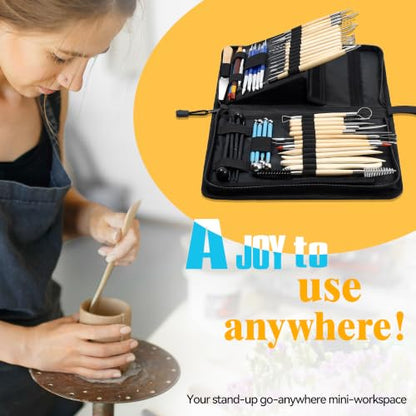 ISSEVE 43Pcs Pottery Clay Sculpting Tools Set with Stand-Up Organizer Bag - color: Black Upgrade Stand-up Bag