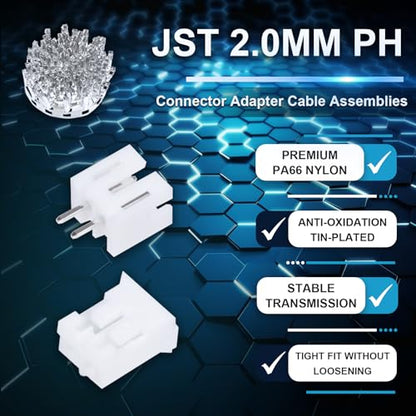 CQRobot JST PH 2.0 mm Pitch 2-Pin Electronic Computer Connector IC Male Plugs, Female Sockets Housing and T-Shaped Crimp Terminal Kit. 50 Sets/200 Pieces Wire-to-Board Adapter Cable Assembly. - size: 2P, style: White