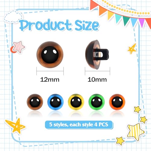 TOAOB 20pcs Sew On Safety Eyes Buttons 12mm 5 Colors Plastic Mushroom Domed Sewing Crafting Eyes for DIY Stuffed Animals Amigurumis Crochet Doll Making - size: 12mm