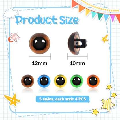 TOAOB 20pcs Sew On Safety Eyes Buttons 12mm 5 Colors Plastic Mushroom Domed Sewing Crafting Eyes for DIY Stuffed Animals Amigurumis Crochet Doll Making - size: 12mm