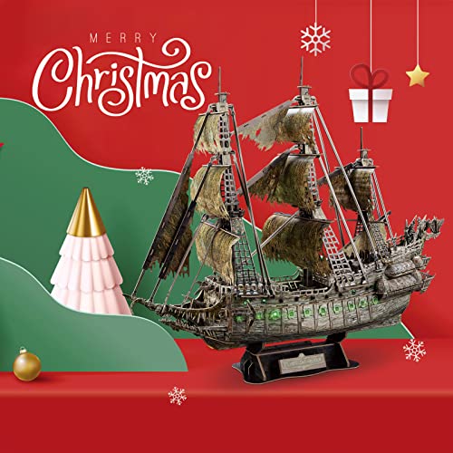 CubicFun Flying Dutchman 3D Pirate Ship Puzzle with Green LEDs, 360 Pieces - style: Green LED Flying Dutchman