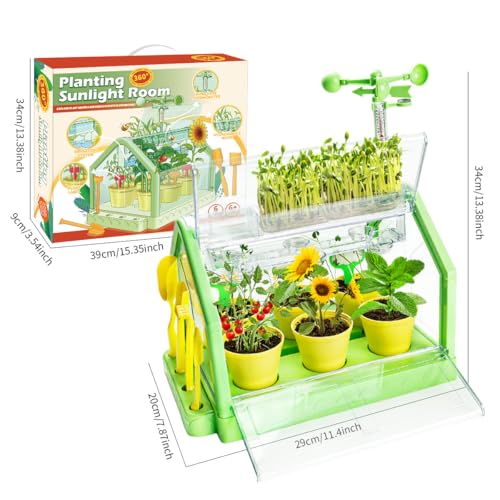 Kids Plant Growing Kit - Kids Greenhouse & Flower Growing Kit with Hydroponic Growing System, Thermometer,Wind Vane & Tools, Educational STEM Plant Growing Set