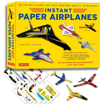 Instant Paper Airplanes Kit: 12 Pop-out Airplanes You Tape Together and Fly in Minutes! [12 precut pop-out airplanes; slingshot launcher, tape & full-color book]
