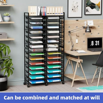Simple Trending 15-Tier Rolling File Cart, Desk File Organizer with 14 Mesh Sliding Trays, Letter & Legal Paper Storage Rolling Utility Cart for Office Home School, Black - style: 15-Tier Black