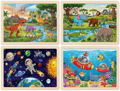 Wooden Puzzles Dinosaur Toys for Kids Ages 3-5 Year Old, 4 Packs 24 Piece - color: Space Mashup