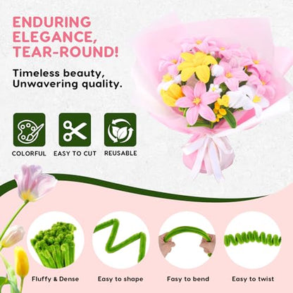 1800PCS Pipe Cleaners Flower Kit, Pipe Cleaners Craft Bulk Chenille Stems Flower Making Set with Floral Wrapping Paper, Gardening Tape, Stamen, Floral Wires & Ribbon for Art and Craft Supplies - color: 1800PCS-Pink