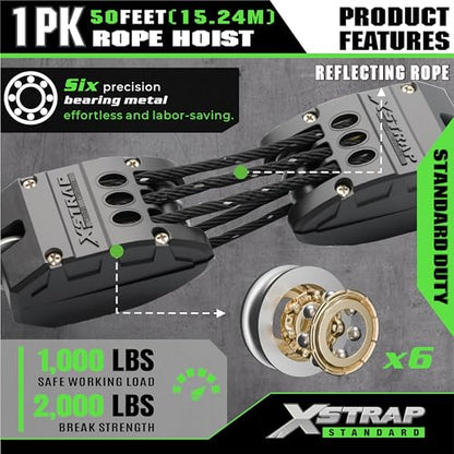 XSTRAP STANDARD 50FT Reflective Rope Hoist Pulley Block & Tackle 5:1 System - color: Reflective Black