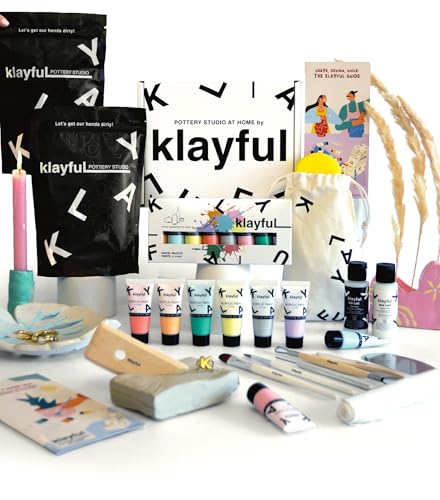 Klayful Pottery Kit for Adults – 6,6lbs Air Dry Clay Pottery Set with Tools, Paints & Brushes – DIY Arts & Crafts Kit for Beginners & Couples | Creative Gift Set for Relaxing Date Night Crafts